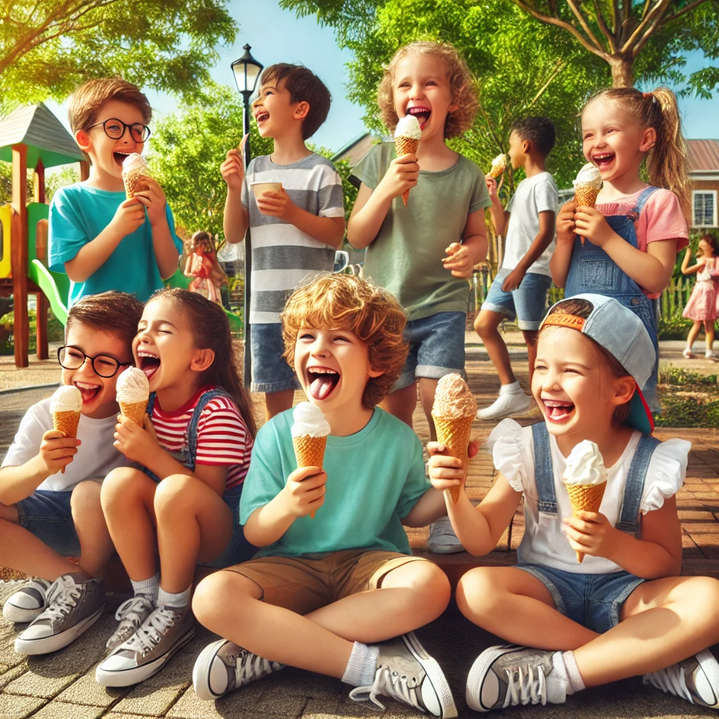 Children enjoying ice cream in the park